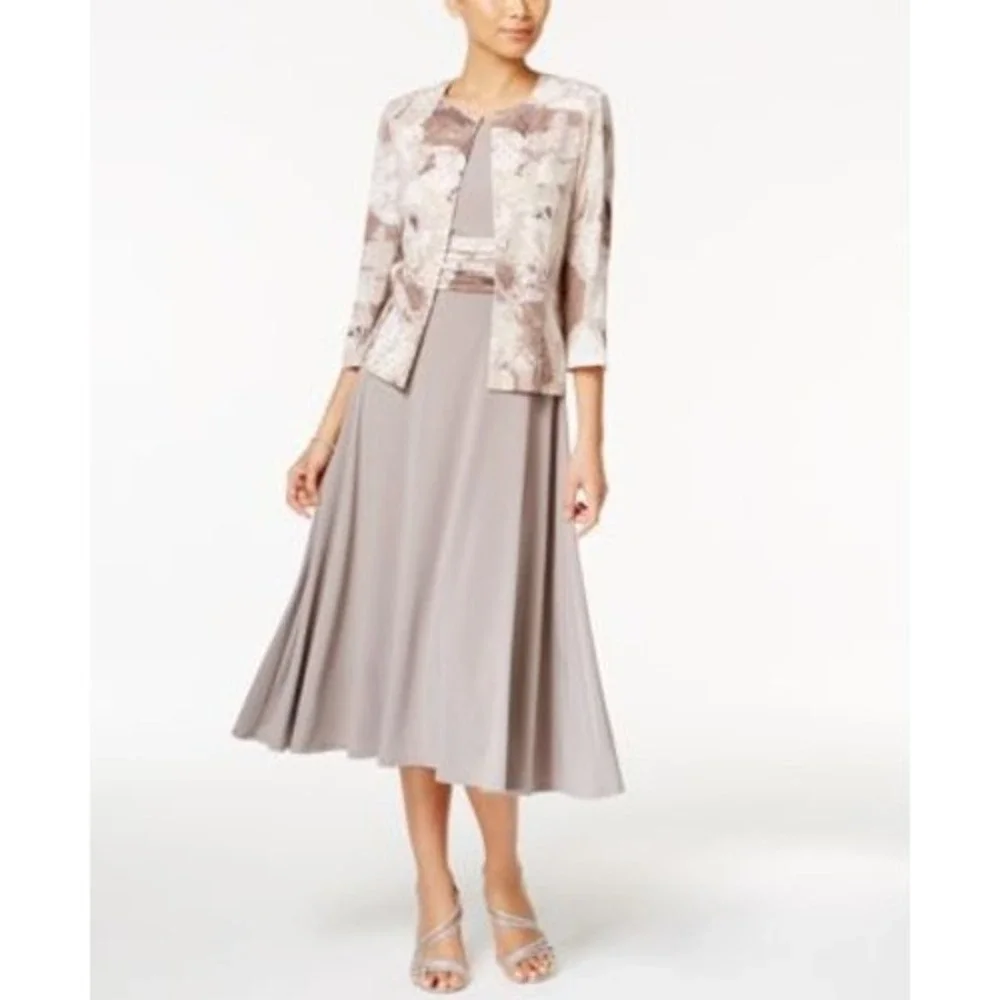 Jessica Howard Womens 10 Taupe Floral Sequin Dress and Jacket Set 2 Piece Midi - Picture 7 of 7